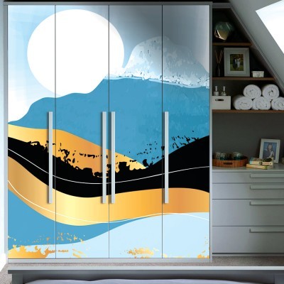 Houseart Blue & gold mountain, Line Art, Αυτοκόλλητα ντουλάπας, 100 x 141 εκ.